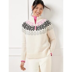 Talbots Half Zip Wintery Geo Sweater Size Large Petite White Pullover Grannycore